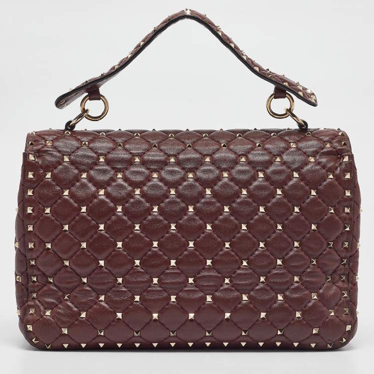 Pre Owned Valentino Burgundy Leather Large Rockstud Spike Top Handle Bag