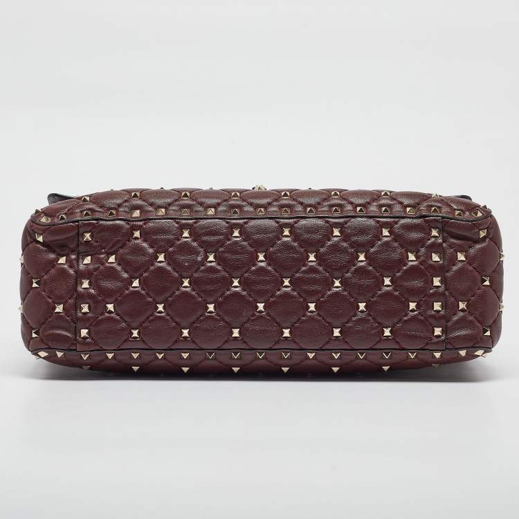 Pre Owned Valentino Burgundy Leather Large Rockstud Spike Top Handle Bag
