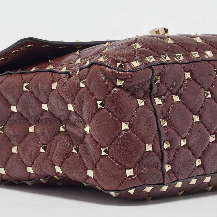 Pre Owned Valentino Burgundy Leather Large Rockstud Spike Top Handle Bag