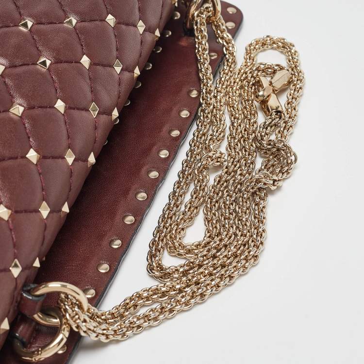 Pre Owned Valentino Burgundy Leather Large Rockstud Spike Top Handle Bag