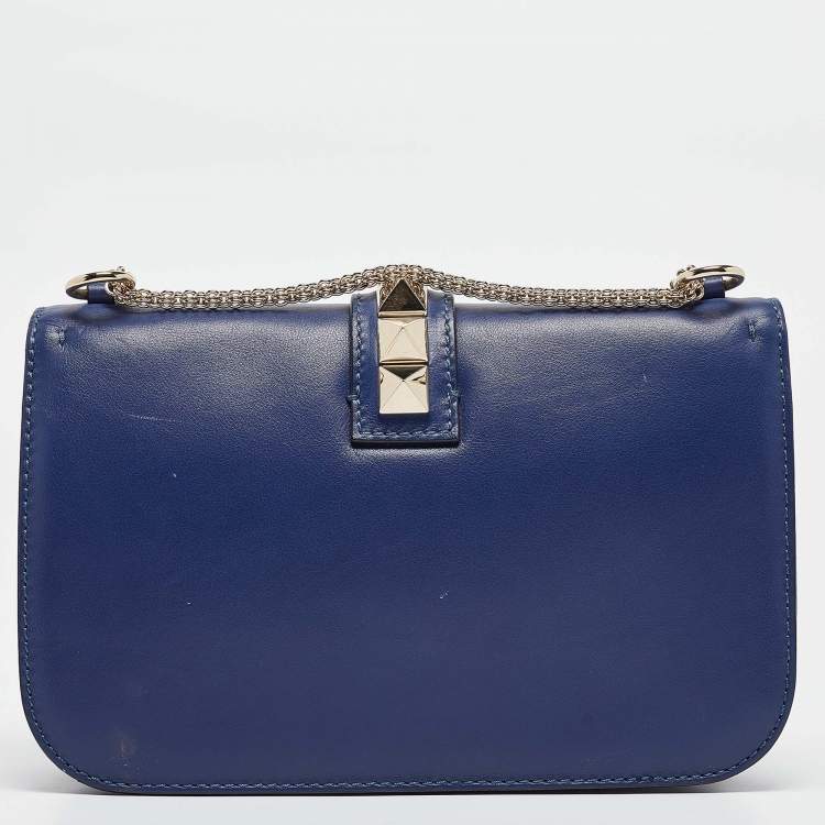 Pre Owned Valentino Blue Leather Medium Rockstud Glam Lock Flap Bag