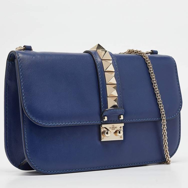 Pre Owned Valentino Blue Leather Medium Rockstud Glam Lock Flap Bag