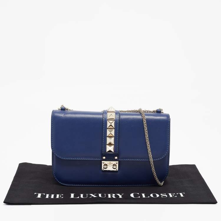 Pre Owned Valentino Blue Leather Medium Rockstud Glam Lock Flap Bag
