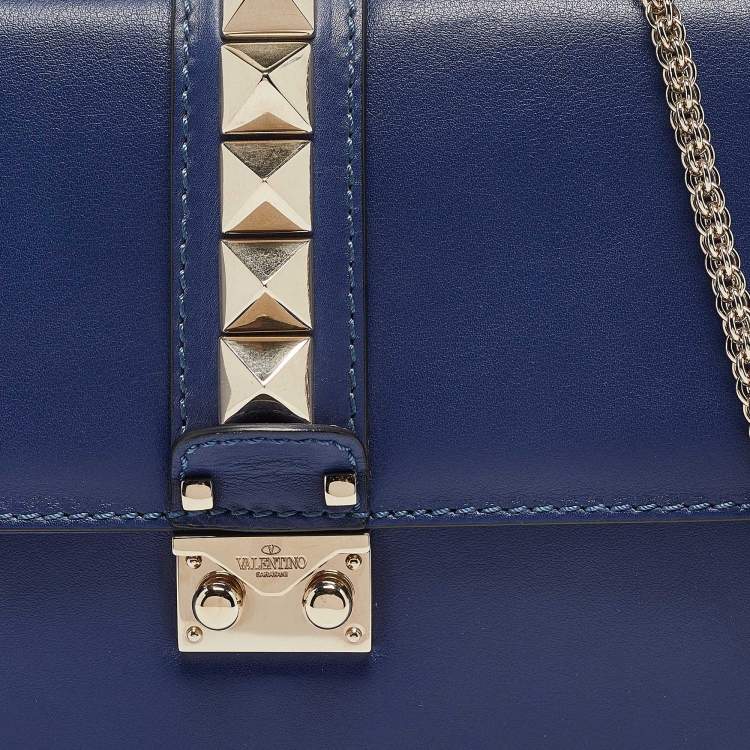 Pre Owned Valentino Blue Leather Medium Rockstud Glam Lock Flap Bag