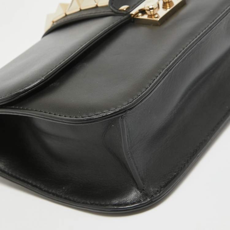 Pre Owned Valentino Black Leather Medium Rockstud Glam Lock Flap Bag