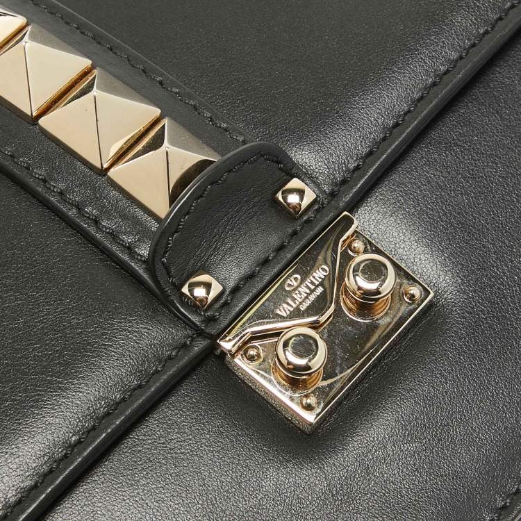 Pre Owned Valentino Black Leather Medium Rockstud Glam Lock Flap Bag