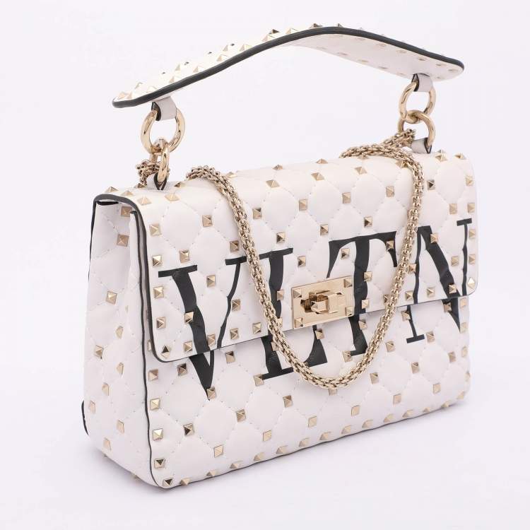 Pre Owned Valentino White Leather Medium Rockstud Spike VLTN Shoulder Bag
