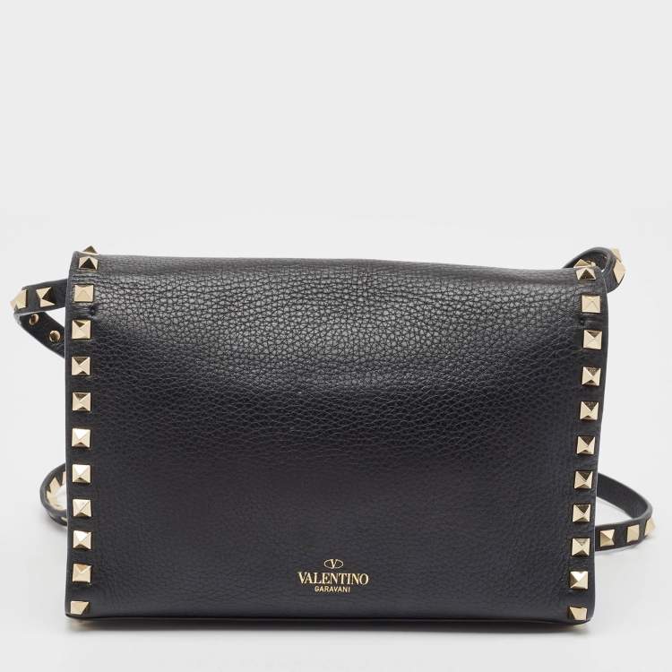 Pre Owned Valentino Black Leather Rockstud Flap Crossbody Bag