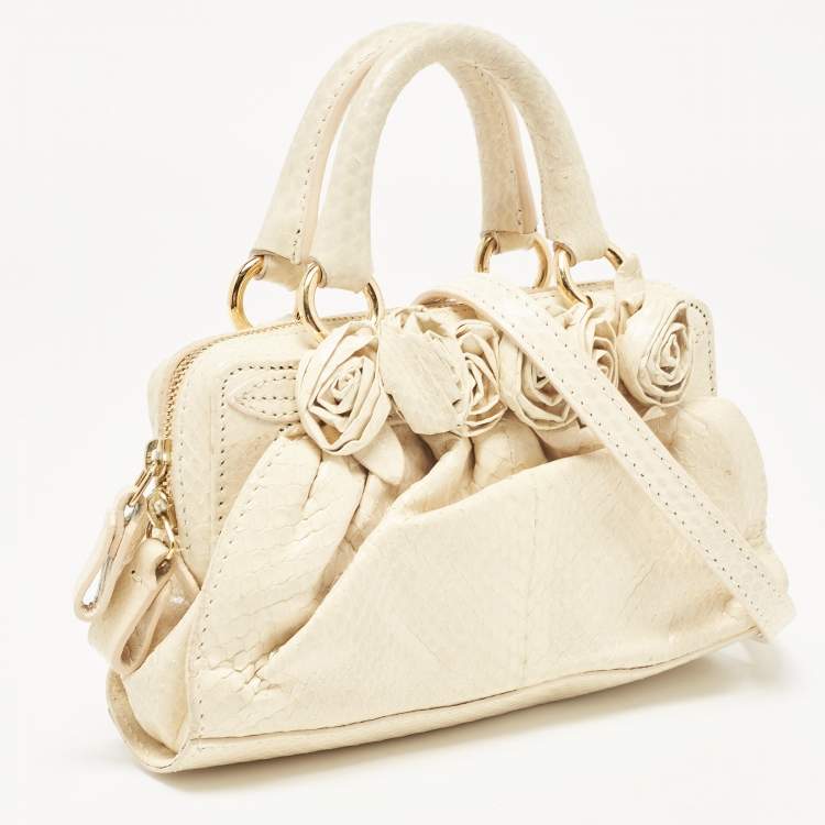 Pre Owned Valentino Cream Snakeskin Flower Appliqué Clutch Bag