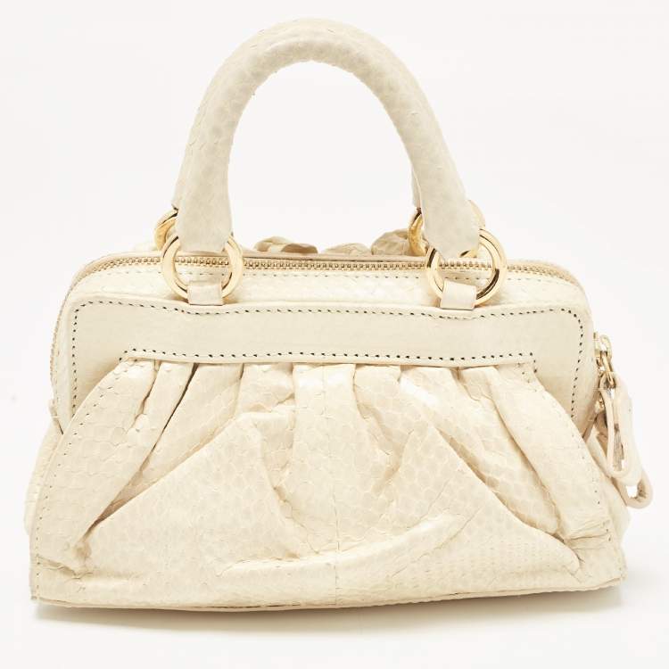 Pre Owned Valentino Cream Snakeskin Flower Appliqué Clutch Bag