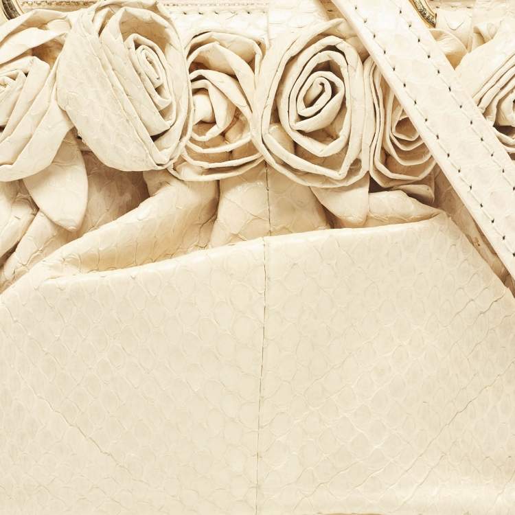 Pre Owned Valentino Cream Snakeskin Flower Appliqué Clutch Bag