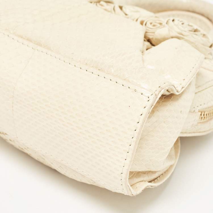 Pre Owned Valentino Cream Snakeskin Flower Appliqué Clutch Bag