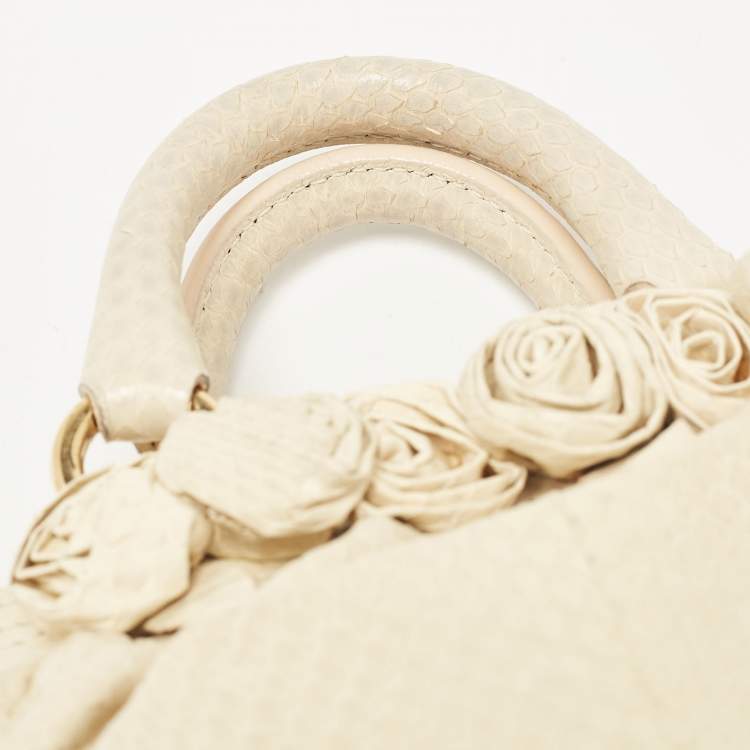 Pre Owned Valentino Cream Snakeskin Flower Appliqué Clutch Bag