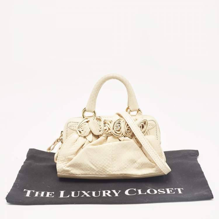 Pre Owned Valentino Cream Snakeskin Flower Appliqué Clutch Bag