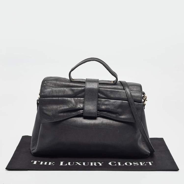 Pre Owned Valentino Black Leather Bow Top Handle Bag