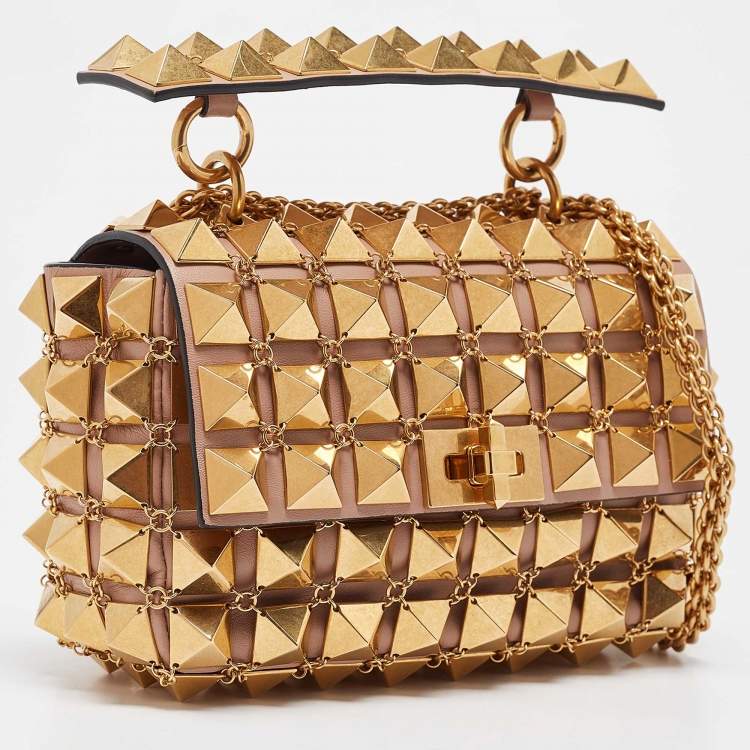 Pre Owned Valentino Dusty Pink Leather Small Roman Stud Chain Mail Shoulder Bag