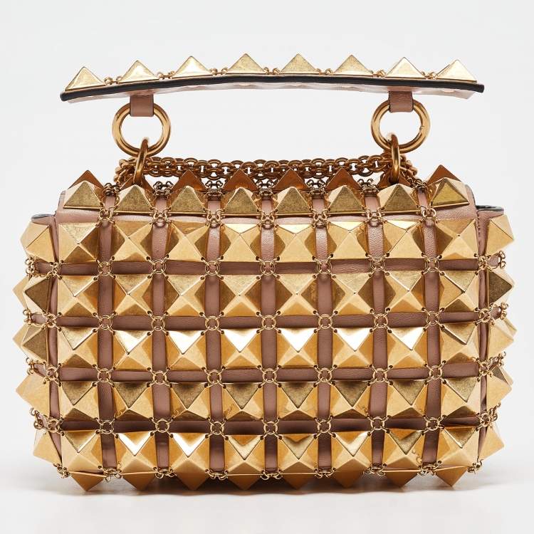 Pre Owned Valentino Dusty Pink Leather Small Roman Stud Chain Mail Shoulder Bag