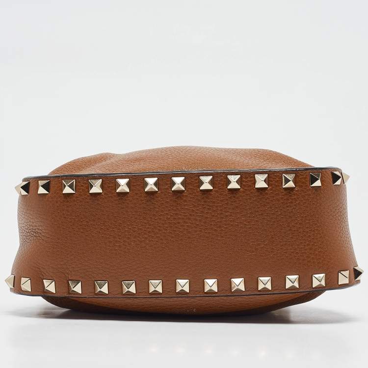 Pre Owned Valentino Brown Leather Rockstud Drawstring Bucket Crossbody Bag