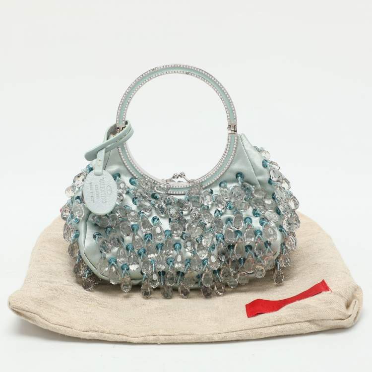 Pre Owned Valentino Blue Satin Embellished Raindrop Evening Satchel