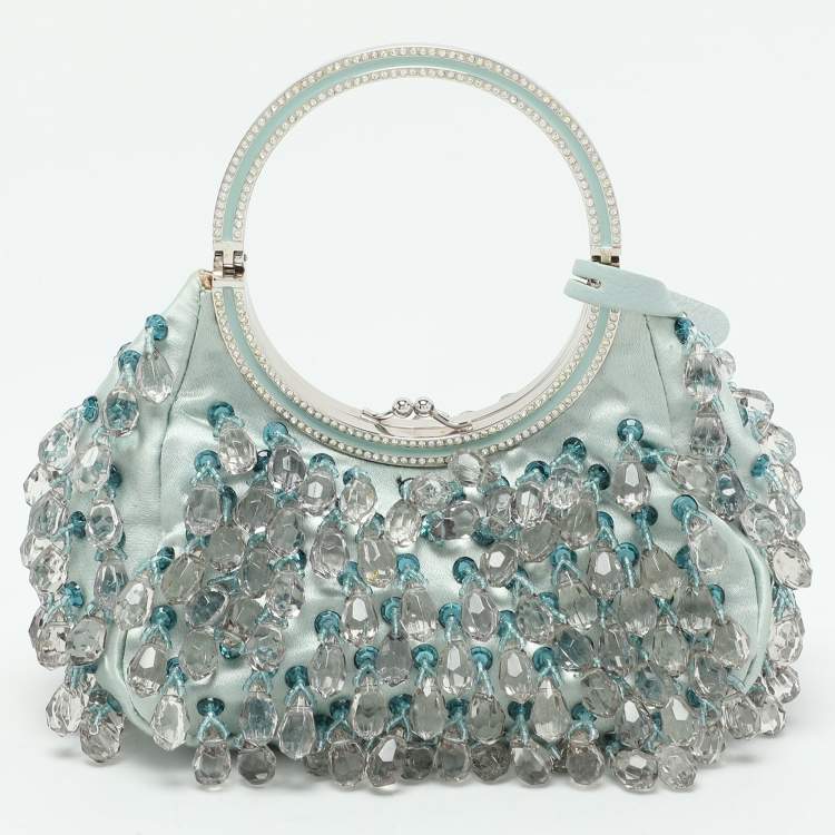 Pre Owned Valentino Blue Satin Embellished Raindrop Evening Satchel
