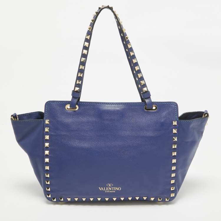 Pre Owned Valentino Blue Leather Small Rockstud Trapeze Tote