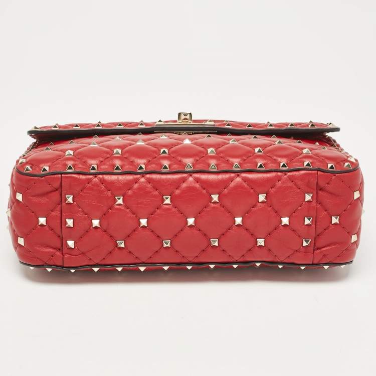 Pre Owned Valentino Red Leather Medium Rockstud Spike Top Handle Bag