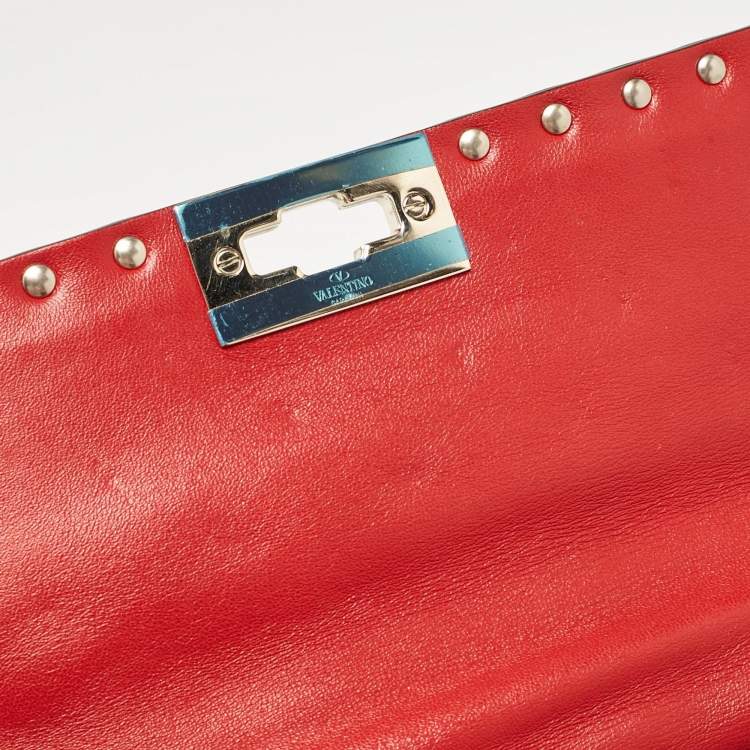 Pre Owned Valentino Red Leather Medium Rockstud Spike Top Handle Bag