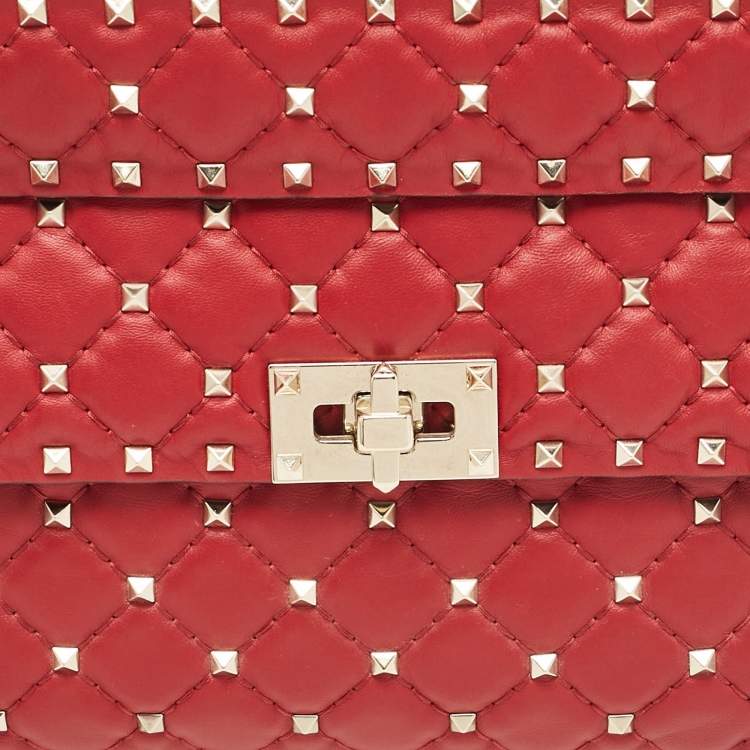 Pre Owned Valentino Red Leather Medium Rockstud Spike Top Handle Bag