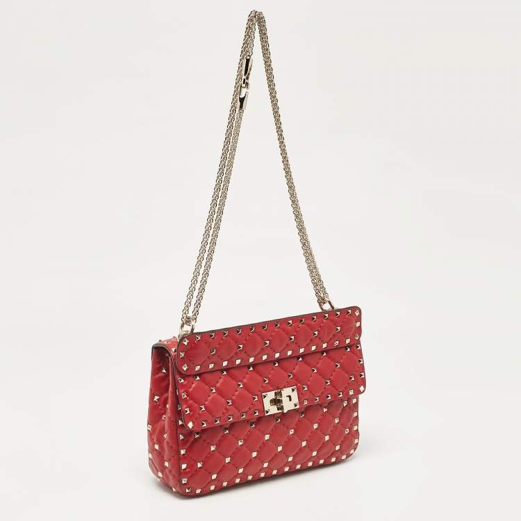 Pre Owned Valentino Red Leather Medium Rockstud Spike Top Handle Bag