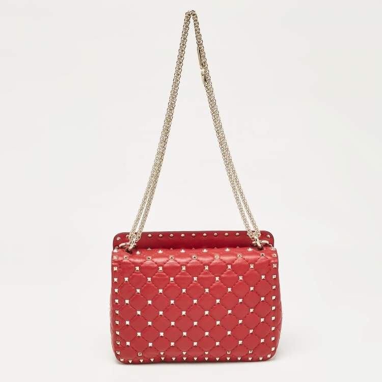 Pre Owned Valentino Red Leather Medium Rockstud Spike Top Handle Bag