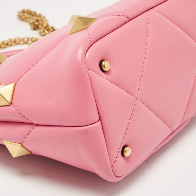 Pre Owned Valentino Pink Quilted Leather Small Roman Stud Top Handle Bag