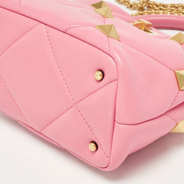 Pre Owned Valentino Pink Quilted Leather Small Roman Stud Top Handle Bag