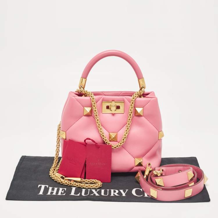 Pre Owned Valentino Pink Quilted Leather Small Roman Stud Top Handle Bag