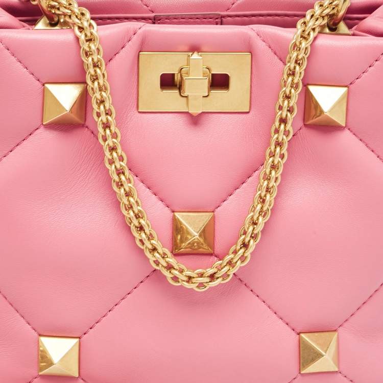 Pre Owned Valentino Pink Quilted Leather Small Roman Stud Top Handle Bag