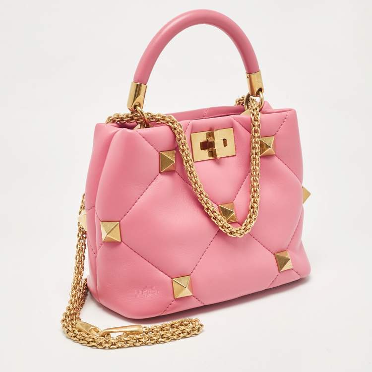 Pre Owned Valentino Pink Quilted Leather Small Roman Stud Top Handle Bag