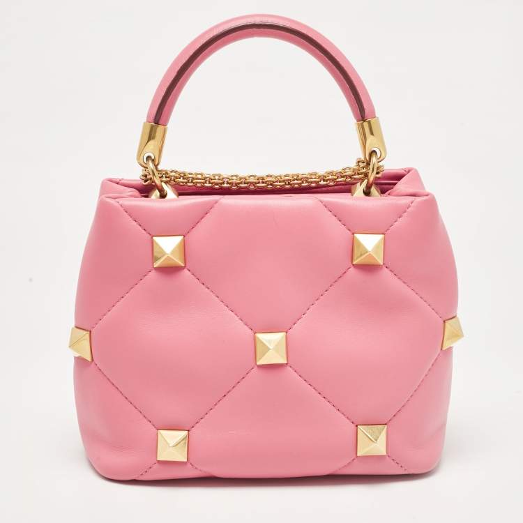 Pre Owned Valentino Pink Quilted Leather Small Roman Stud Top Handle Bag