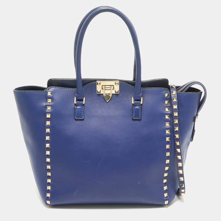 Pre Owned Valentino Blue Leather Rockstud Trapeze Tote