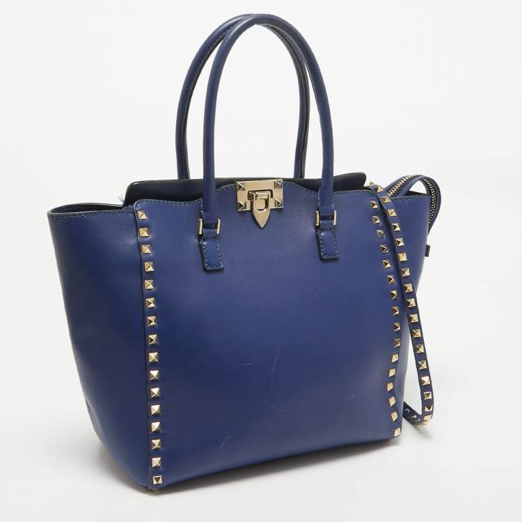 Pre Owned Valentino Blue Leather Rockstud Trapeze Tote