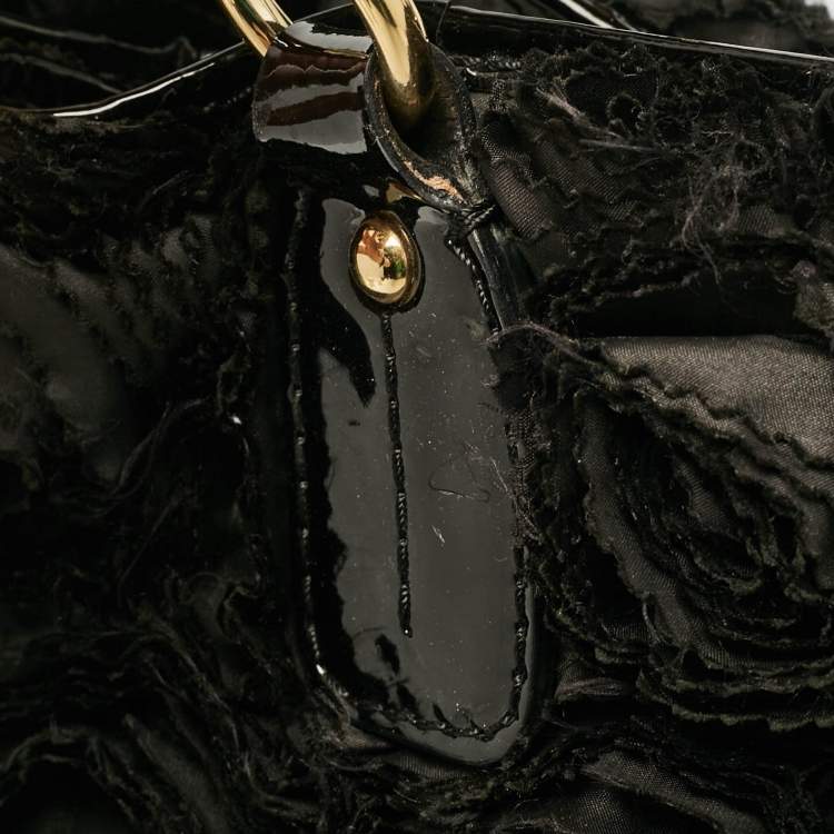 Pre Owned Valentino Black Patent Leather and Satin Rose Applique Tote