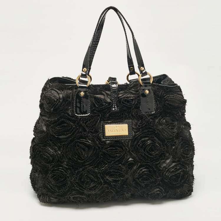 Pre Owned Valentino Black Patent Leather and Satin Rose Applique Tote