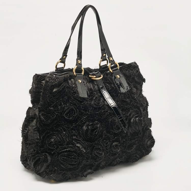 Pre Owned Valentino Black Patent Leather and Satin Rose Applique Tote