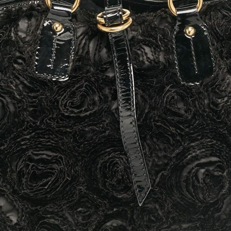 Pre Owned Valentino Black Patent Leather and Satin Rose Applique Tote