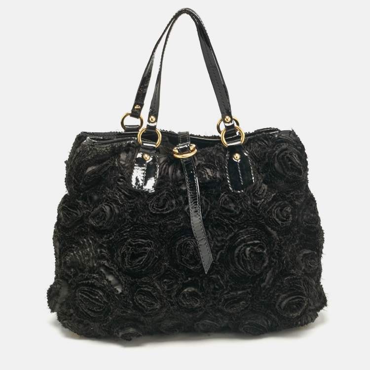 Pre Owned Valentino Black Patent Leather and Satin Rose Applique Tote