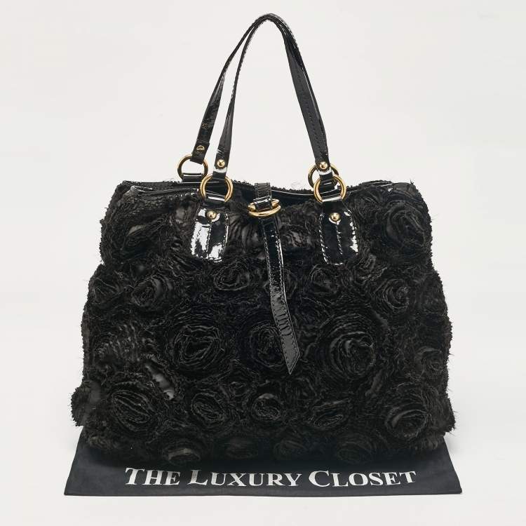 Pre Owned Valentino Black Patent Leather and Satin Rose Applique Tote