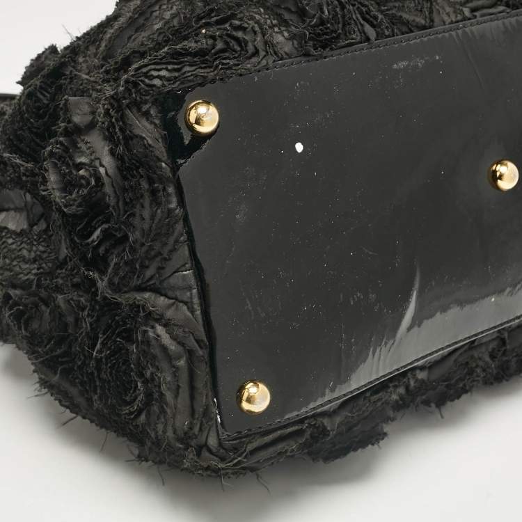 Pre Owned Valentino Black Patent Leather and Satin Rose Applique Tote