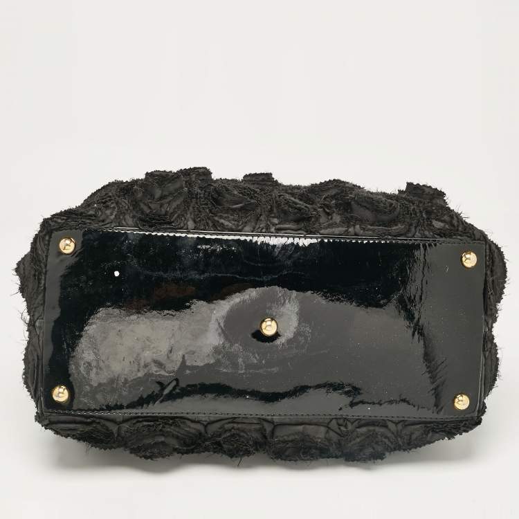 Pre Owned Valentino Black Patent Leather and Satin Rose Applique Tote
