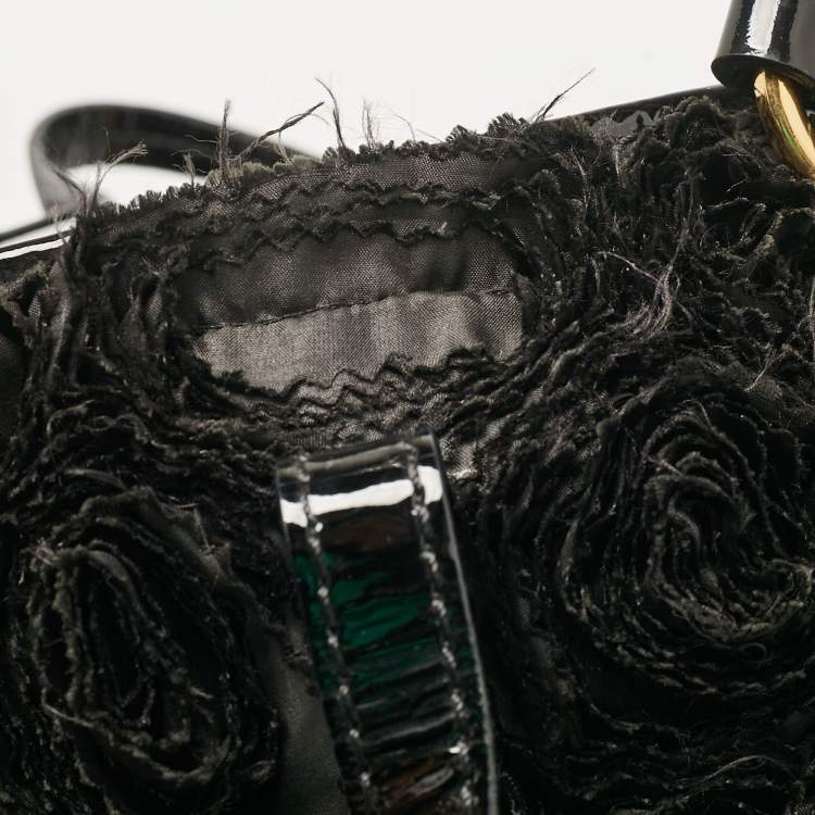 Pre Owned Valentino Black Patent Leather and Satin Rose Applique Tote