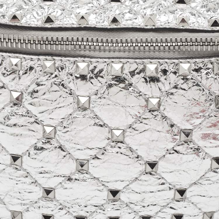Pre Owned Valentino Silver Quilted Patent Leather Rockstud Spike Belt Bag