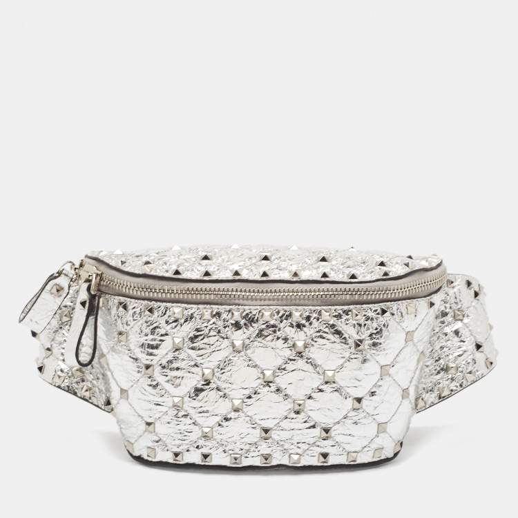 Pre Owned Valentino Silver Quilted Patent Leather Rockstud Spike Belt Bag