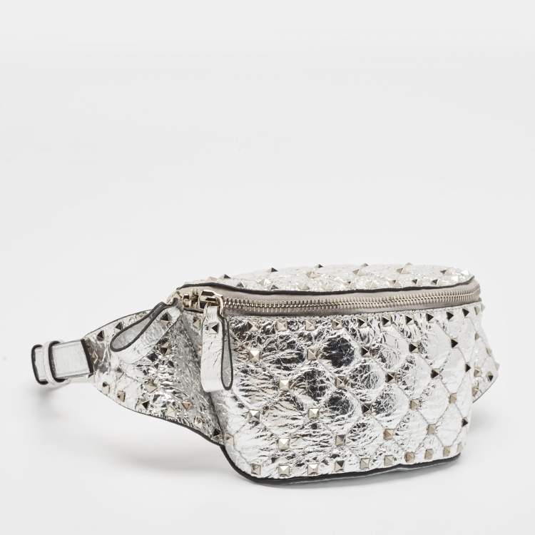 Pre Owned Valentino Silver Quilted Patent Leather Rockstud Spike Belt Bag